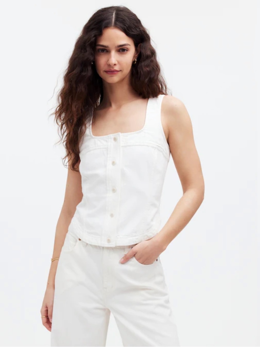 Madewell white denim button front top vest size 2 new 100% cotton